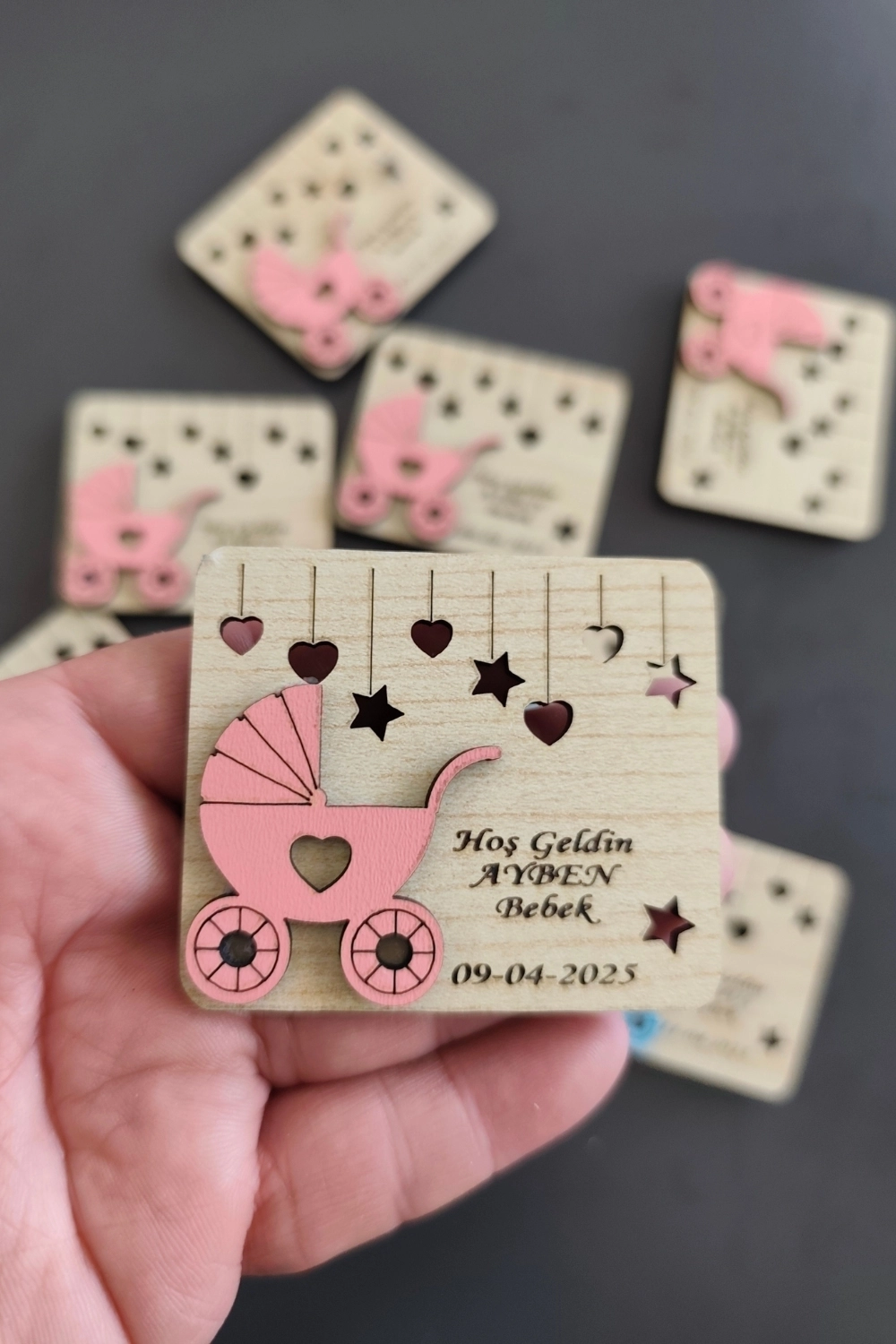 Bebek Arabası Desenli Hoşgeldin Bebek Magneti Pembe - 20 Adet
