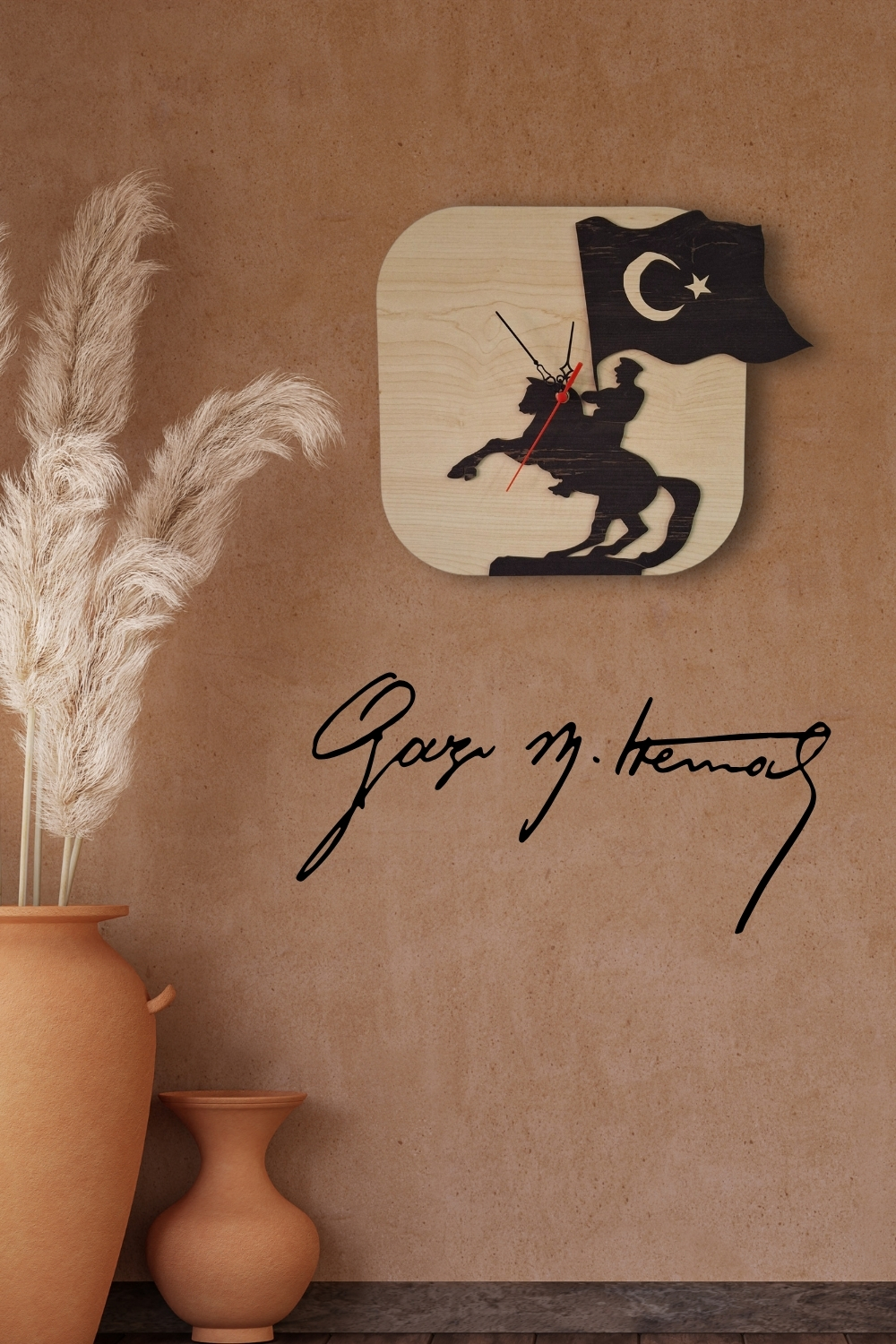 Atatürk ve Türk Bayrağı Figürlü Birinci Sınıf Lazer Kesim Mdf Duvar Saati - Akçaağaç-Rebap