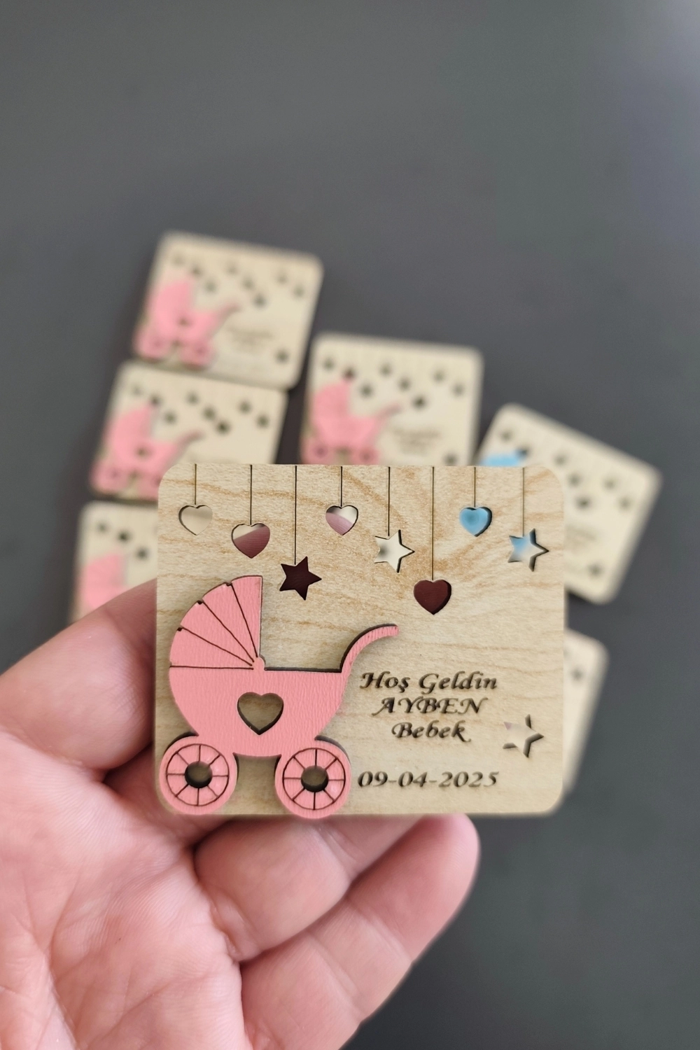Bebek Arabası Desenli Hoşgeldin Bebek Magneti Pembe - 20 Adet