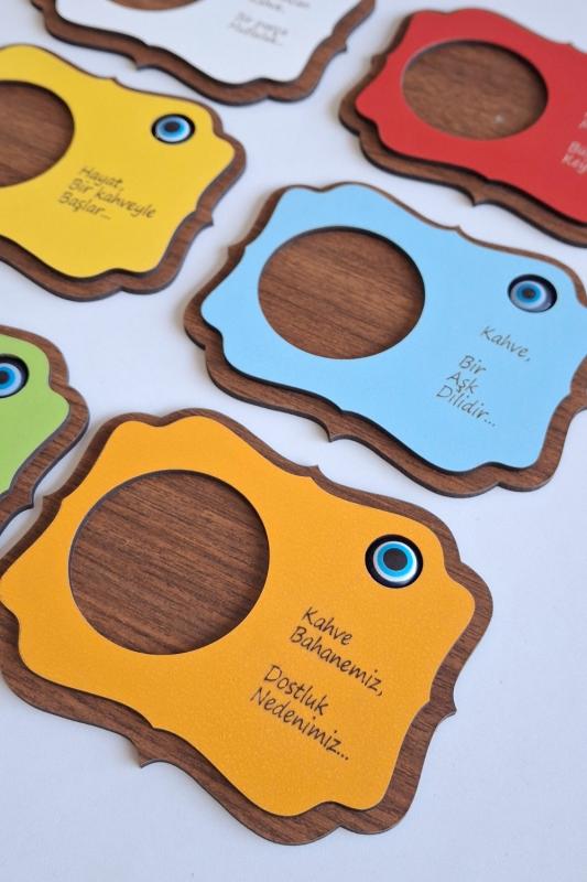 Kutaydan Nazar Boncuklu 6 Parça Ahşap Lazer Kesim Bardak ve Kahve Altlığı