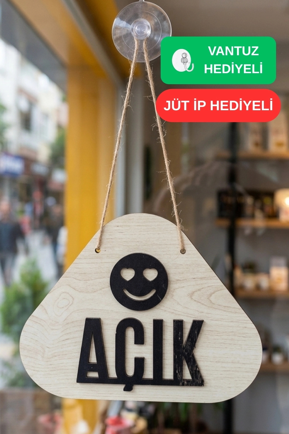 Ahşap Lazer Kesim Emoji Figürlü Açık-Kapalı Tabelası - Akçaağaç