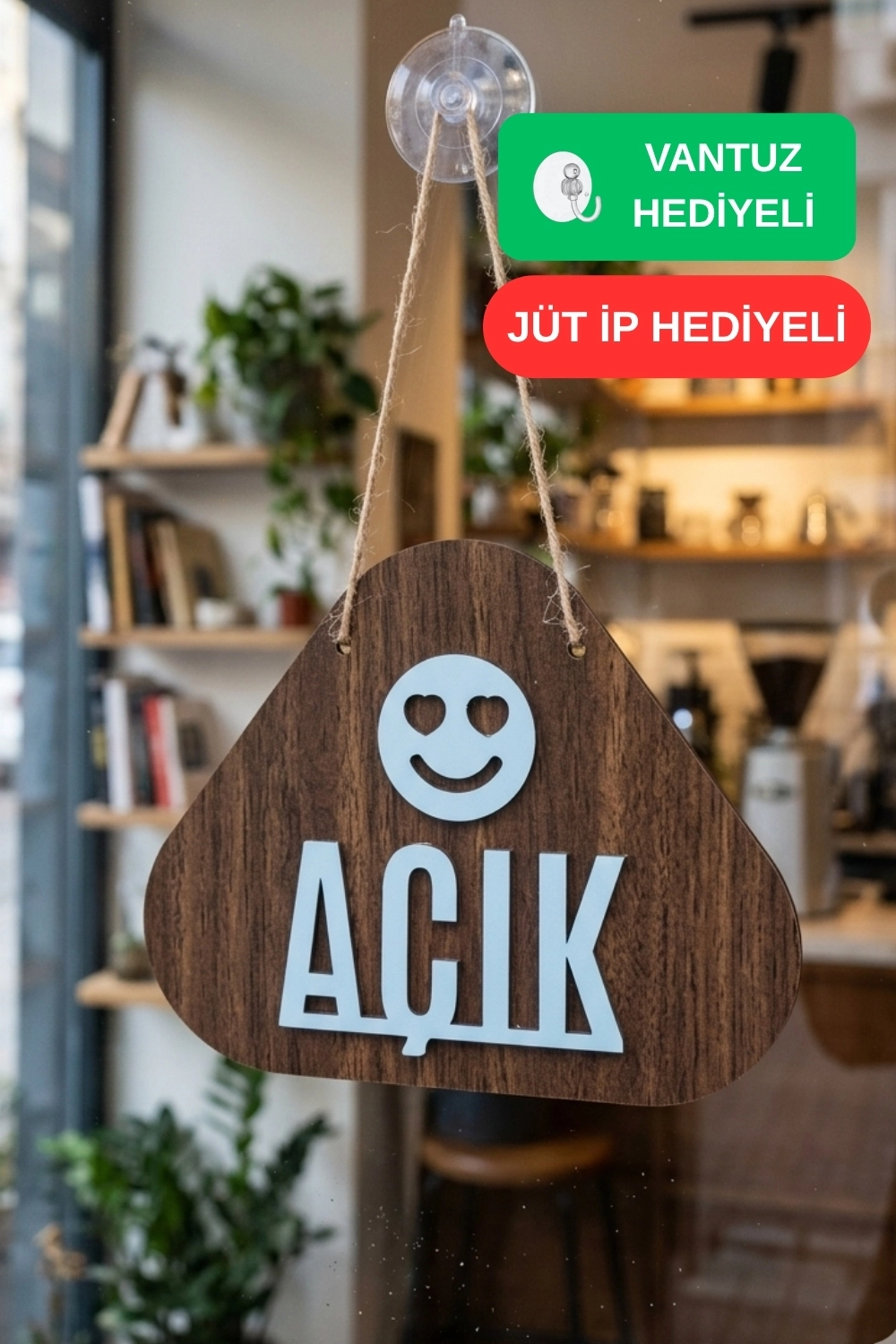 Ahşap Lazer Kesim Emoji Figürlü Açık-Kapalı Tabelası - Ceviz