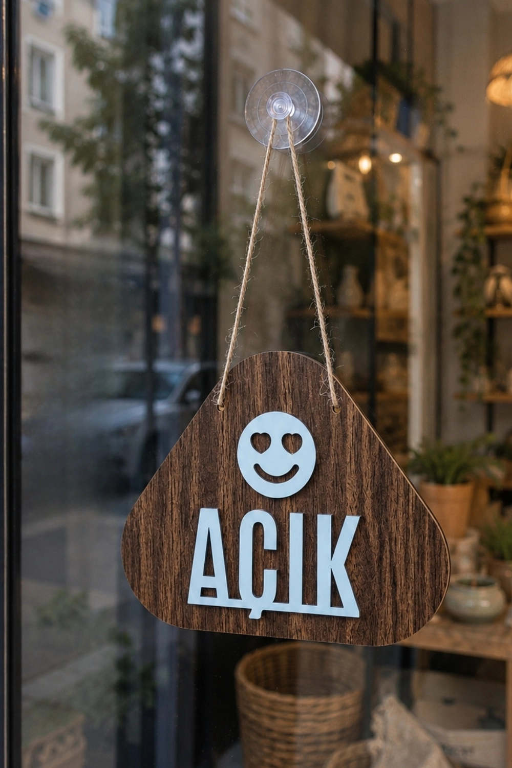 Ahşap Lazer Kesim Emoji Figürlü Açık-Kapalı Tabelası - Ceviz