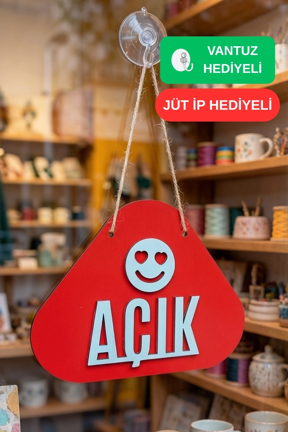 Ahşap Lazer Kesim Emoji Figürlü Açık-Kapalı Tabelası - Kırmızı