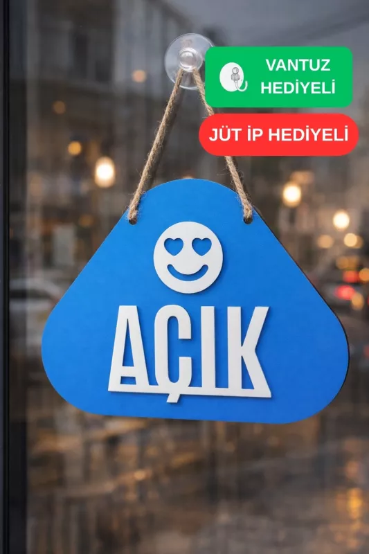 Ahşap Lazer Kesim Emoji Figürlü Açık-Kapalı Tabelası - Saks