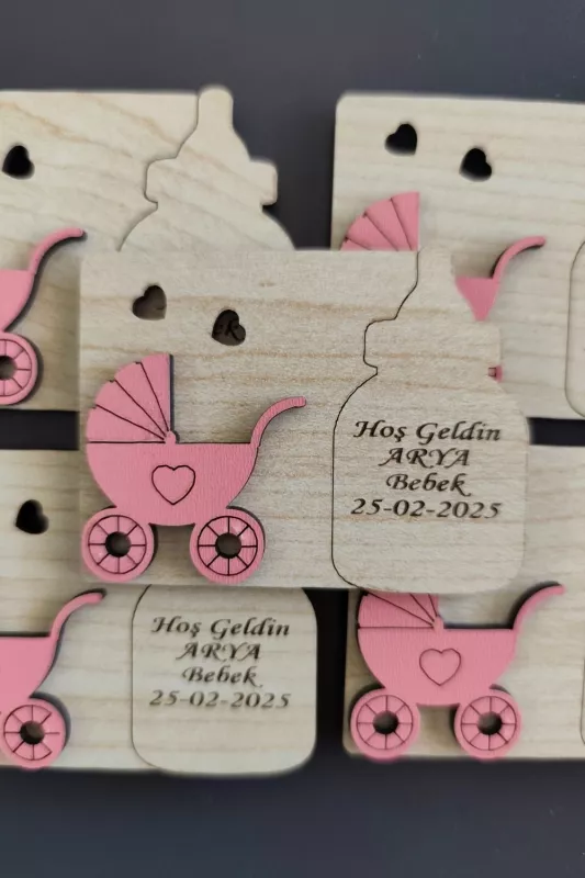 Biberon ve Bebek Arabası Desenli Hoşgeldin Bebek Magneti Pembe - 20 Adet