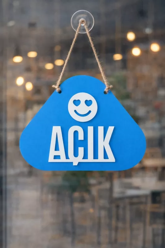 Ahşap Lazer Kesim Emoji Figürlü Açık-Kapalı Tabelası - Saks