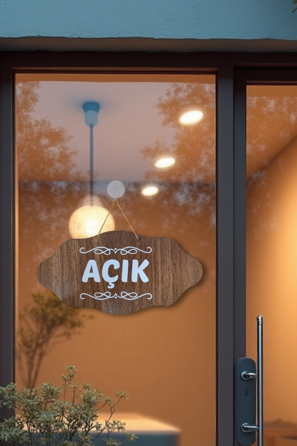 Dekoratif AÇIK-KAPALI Tabelası – Jüt İp ve Vantuz Hediyeli - Ceviz