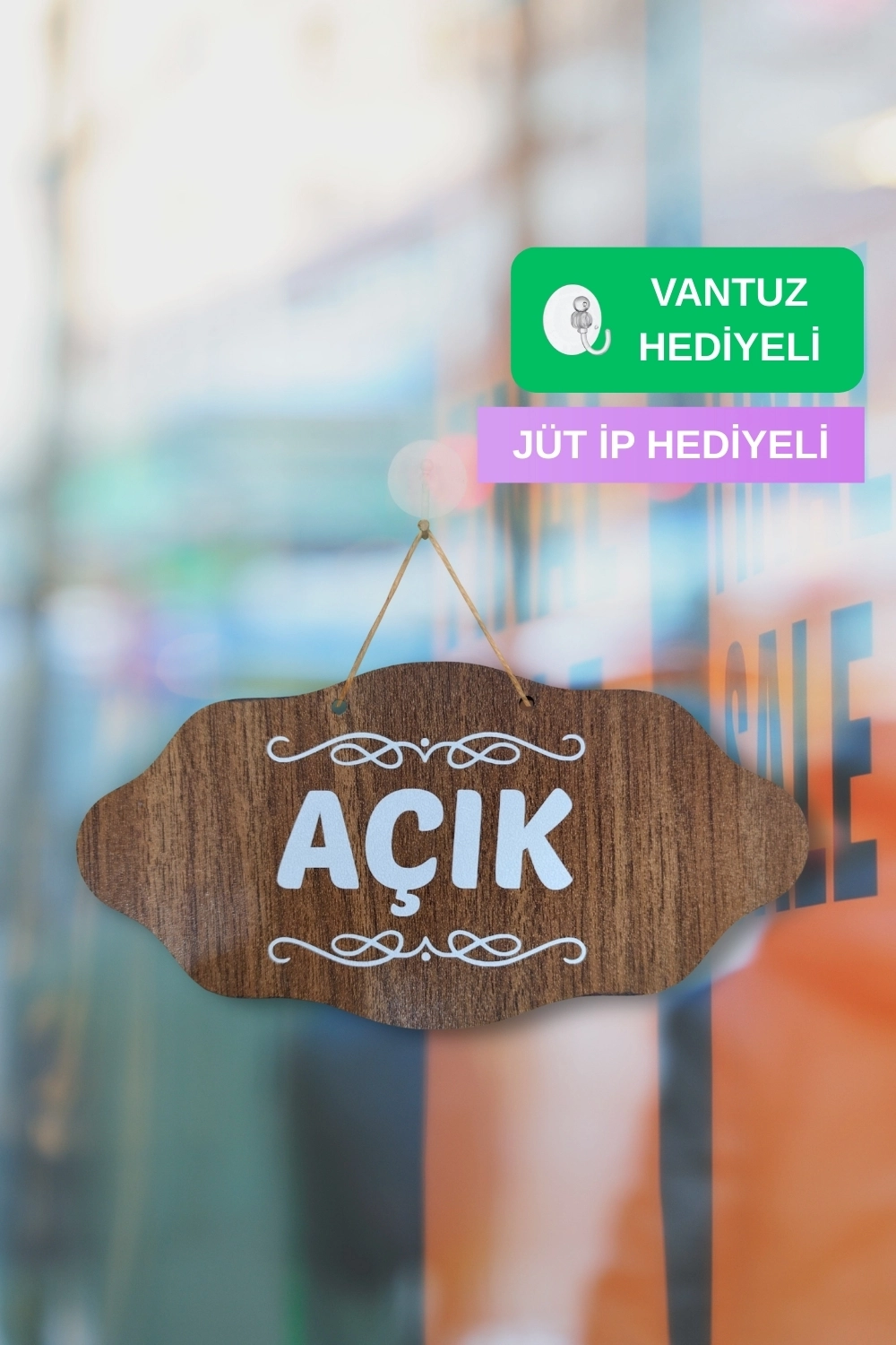 Dekoratif AÇIK-KAPALI Tabelası – Jüt İp ve Vantuz Hediyeli - Ceviz