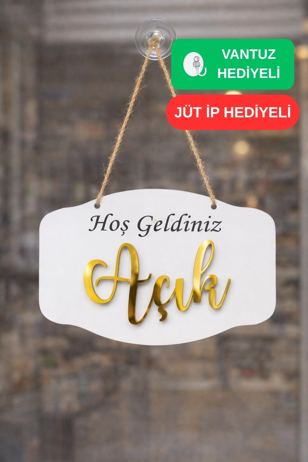 Gold Pleksi Detaylı 3D Ahşap Açık-Kapalı Tabelası - Beyaz