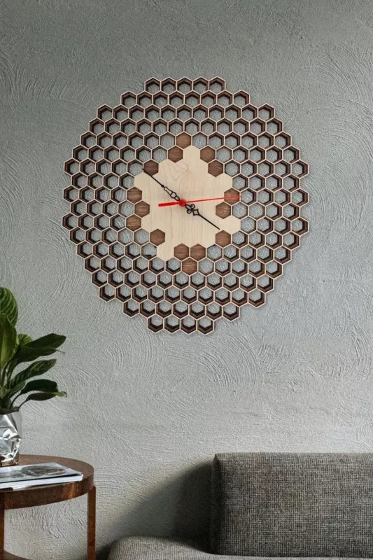 Geometrik Petek Desenli 3 Boyutlu Ahşap Duvar Saati Lazer Kesim Dekoratif Şık Ofis Hediyelik