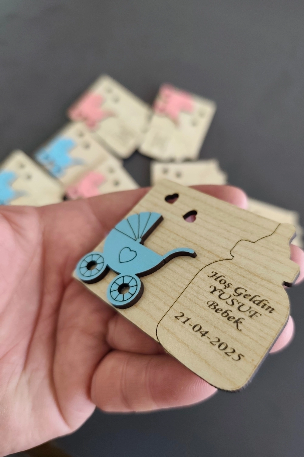 Biberon ve Bebek Arabası Desenli Hoşgeldin Bebek Magneti Mavi - 20 Adet