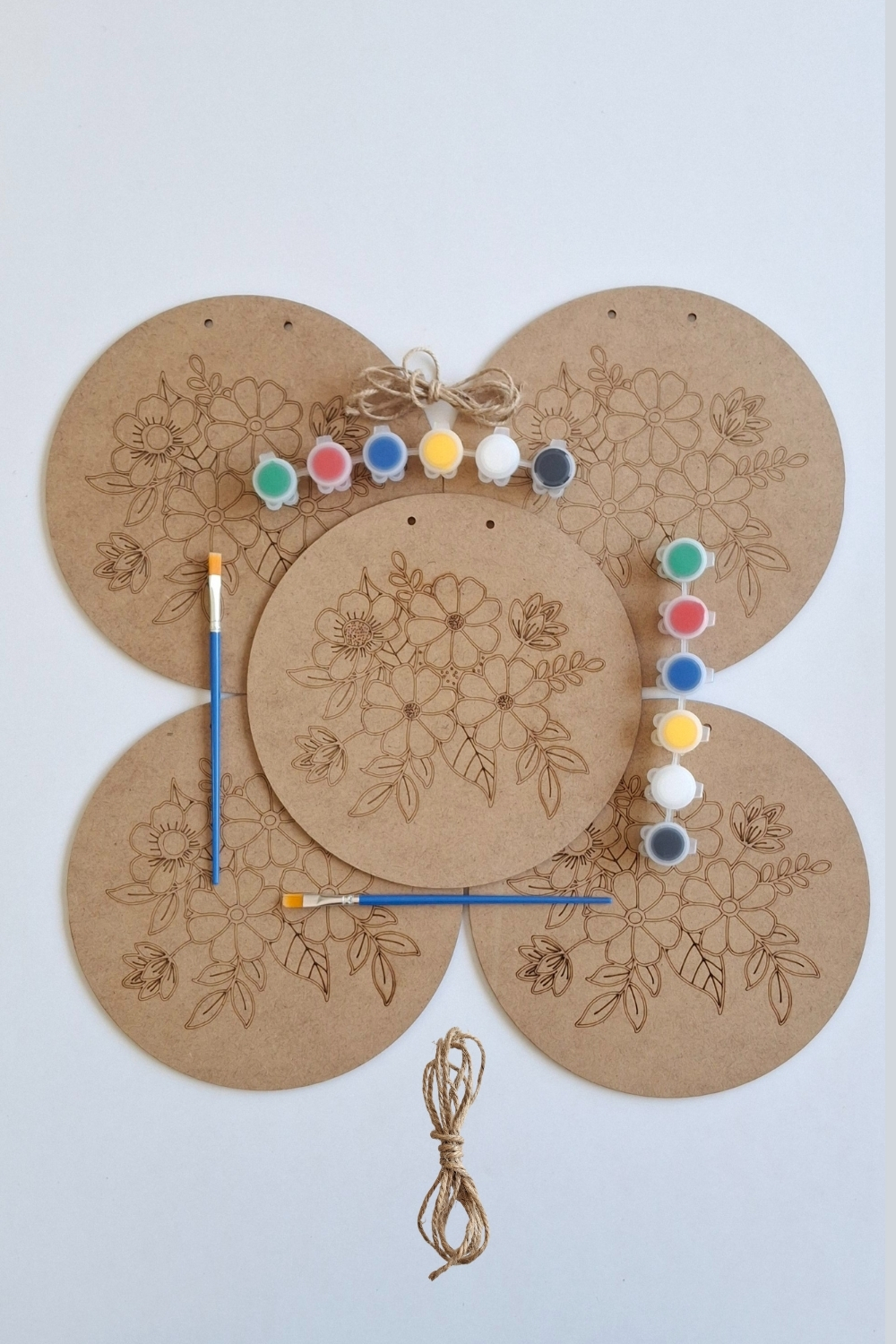 Hobi ve Dekor İçin Çiçek Figürlü 5 Parça Ahşap Boyama Seti - Fırça ve Akrilik Boya Hediyeli