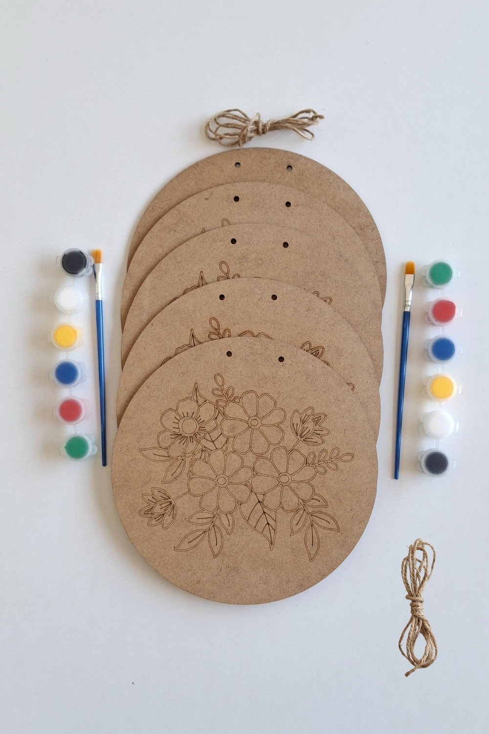 Hobi ve Dekor İçin Çiçek Figürlü 5 Parça Ahşap Boyama Seti - Fırça ve Akrilik Boya Hediyeli