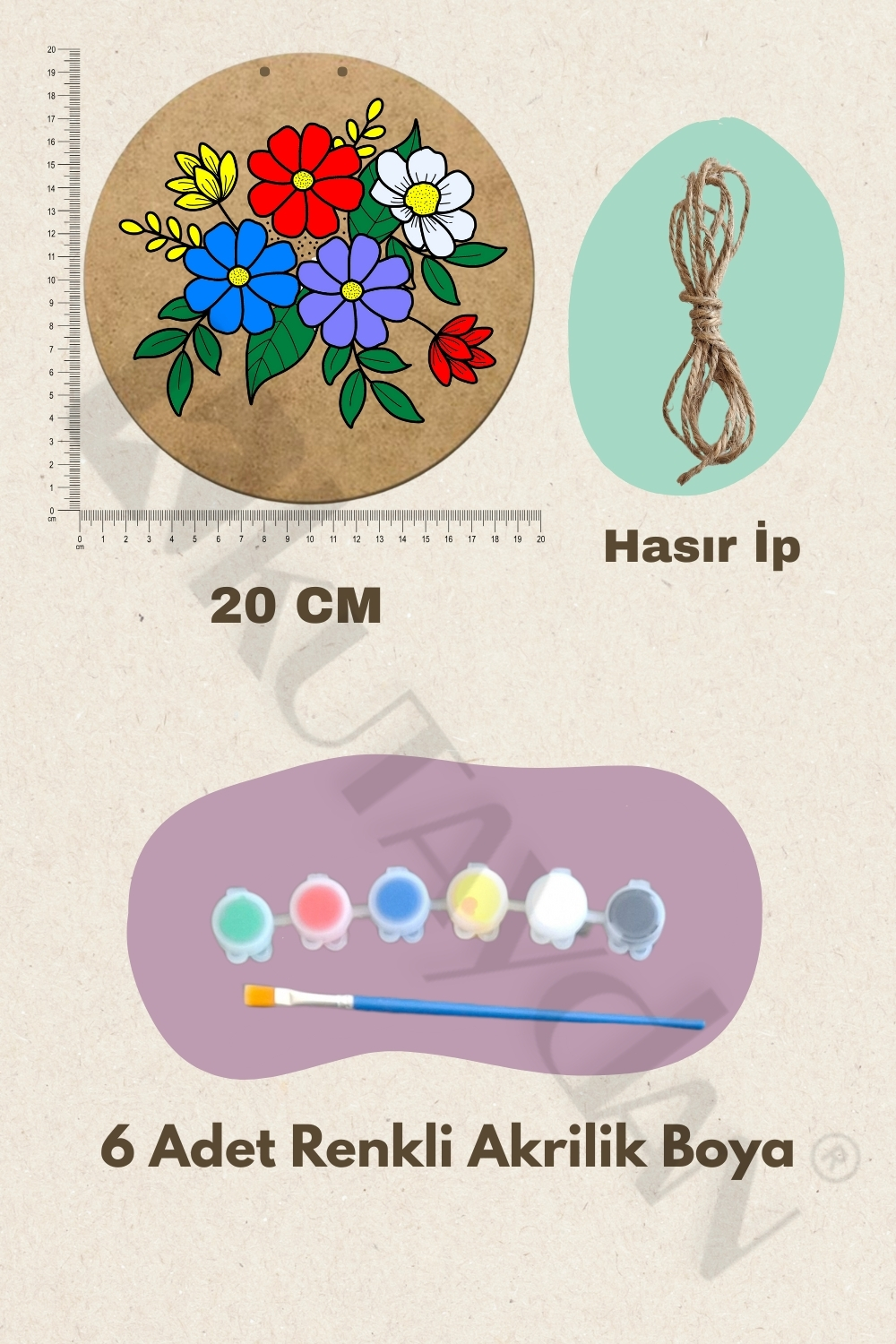 Hobi ve Dekor İçin Çiçek Figürlü 5 Parça Ahşap Boyama Seti - Fırça ve Akrilik Boya Hediyeli