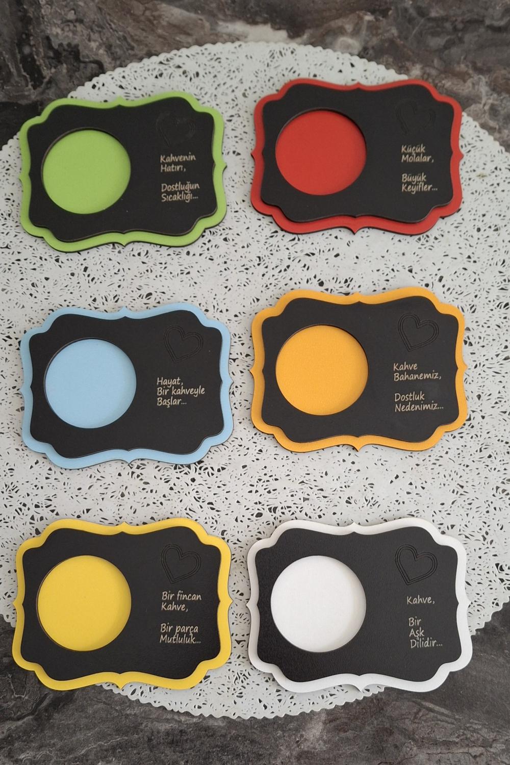 Kutaydan 6 Parça Birinci Sınıf Renkli Ahşap Lazer Kesim Bardak ve Kahve Altlığı - Renkli-Siyah