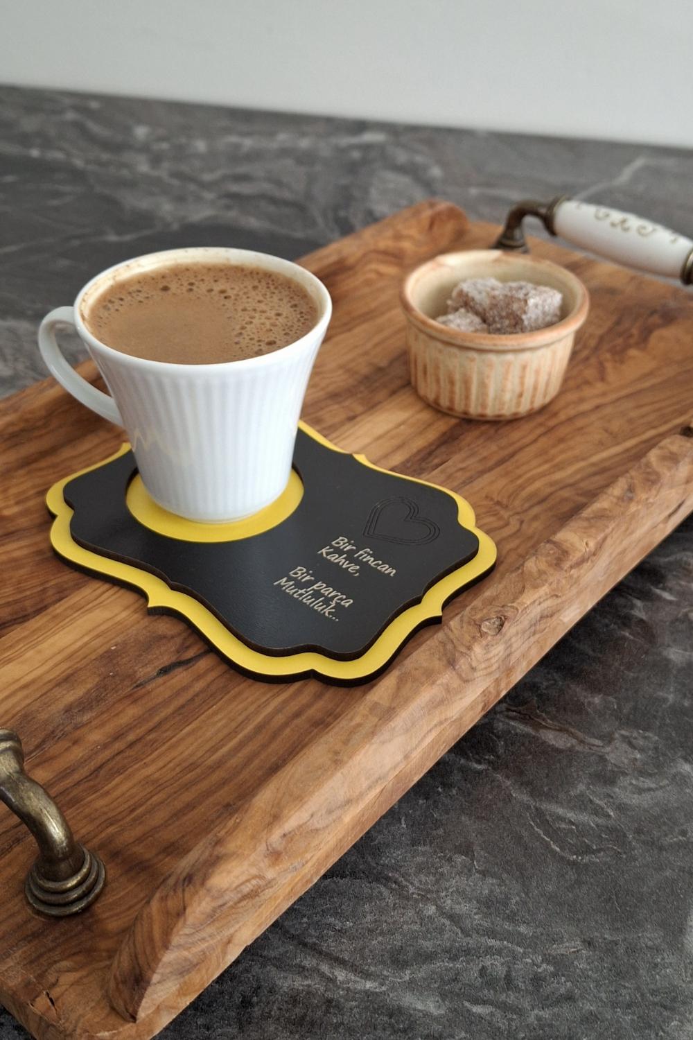 Kutaydan 6 Parça Birinci Sınıf Renkli Ahşap Lazer Kesim Bardak ve Kahve Altlığı - Renkli-Siyah