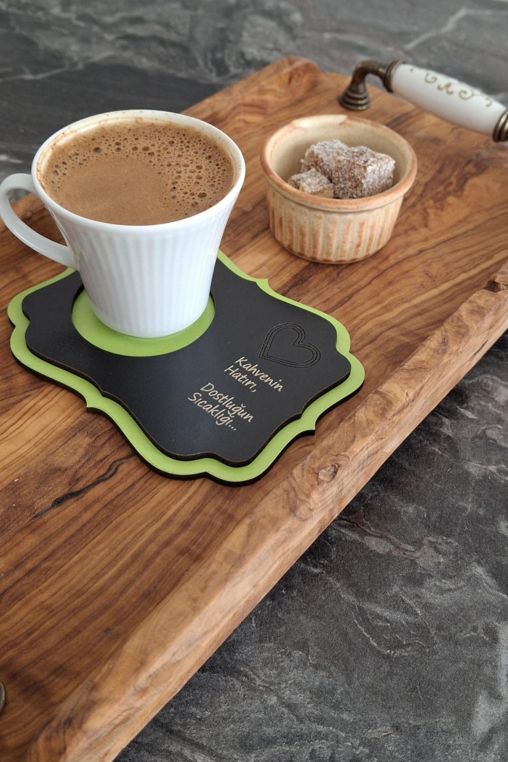 Kutaydan 6 Parça Birinci Sınıf Renkli Ahşap Lazer Kesim Bardak ve Kahve Altlığı - Renkli-Siyah