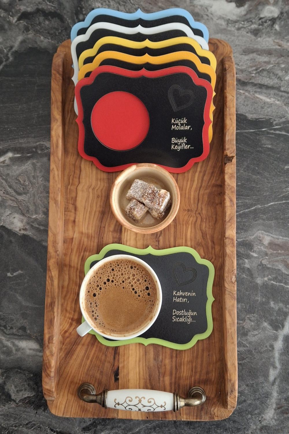 Kutaydan 6 Parça Birinci Sınıf Renkli Ahşap Lazer Kesim Bardak ve Kahve Altlığı - Renkli-Siyah