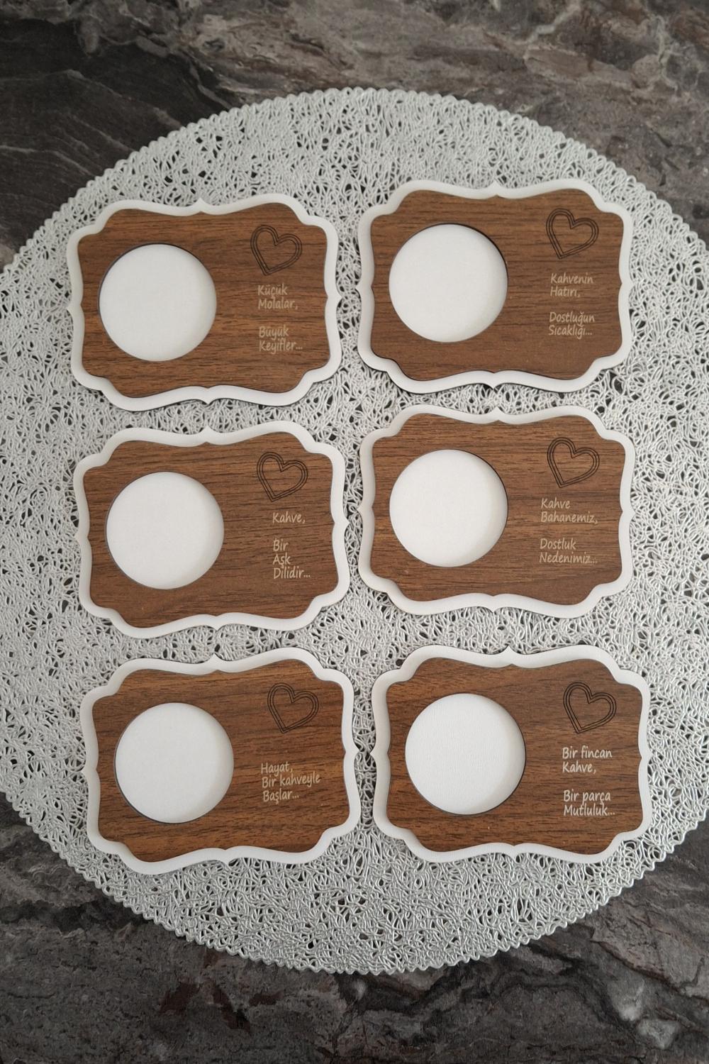 Kutaydan 6 Parça Birinci Sınıf Ahşap Lazer Kesim Bardak ve Kahve Altlığı - Beyaz-Ceviz