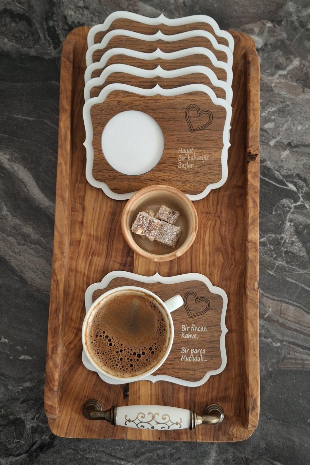 Kutaydan 6 Parça Birinci Sınıf Ahşap Lazer Kesim Bardak ve Kahve Altlığı - Beyaz-Ceviz
