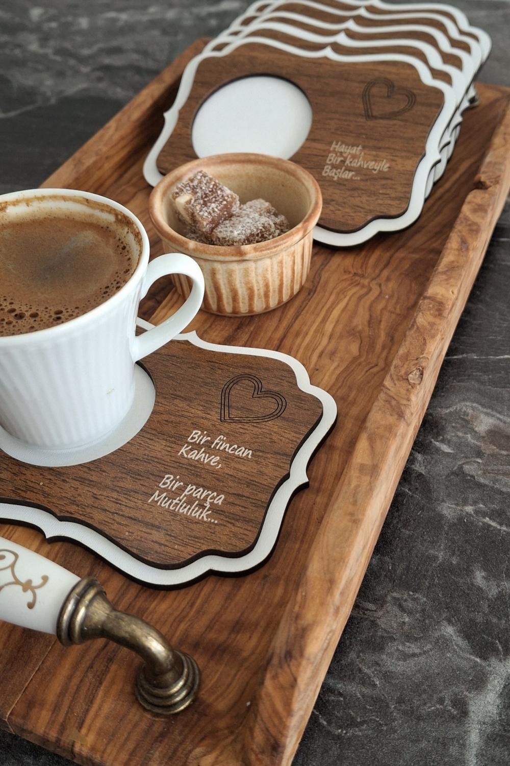 Kutaydan 6 Parça Birinci Sınıf Ahşap Lazer Kesim Bardak ve Kahve Altlığı - Beyaz-Ceviz