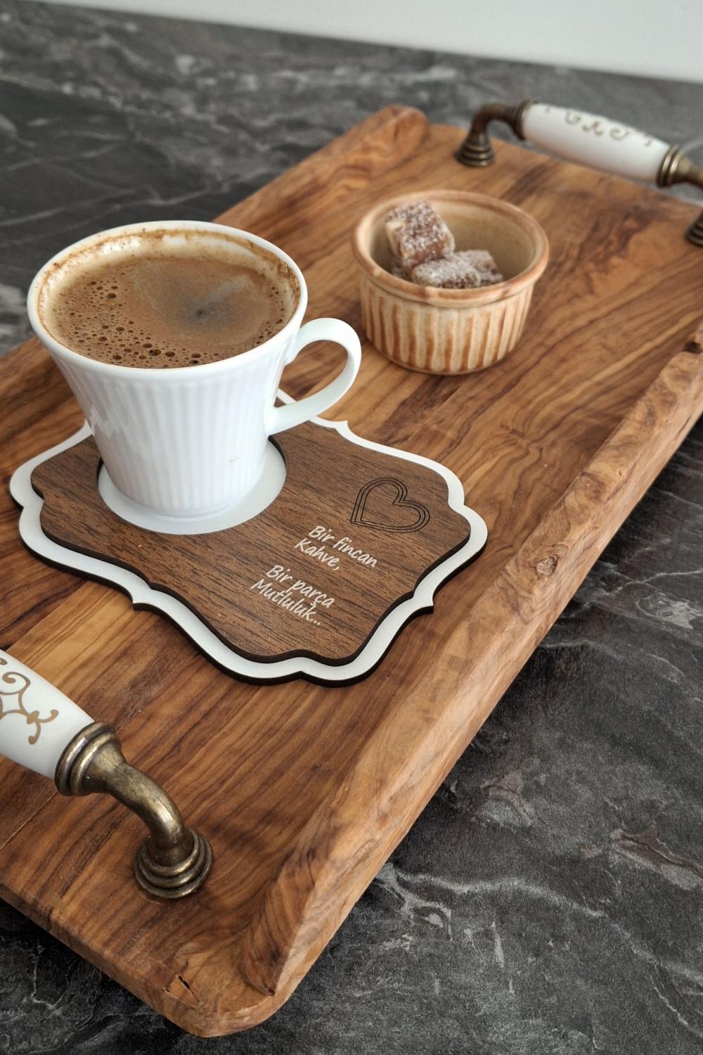 Kutaydan 6 Parça Birinci Sınıf Ahşap Lazer Kesim Bardak ve Kahve Altlığı - Beyaz-Ceviz