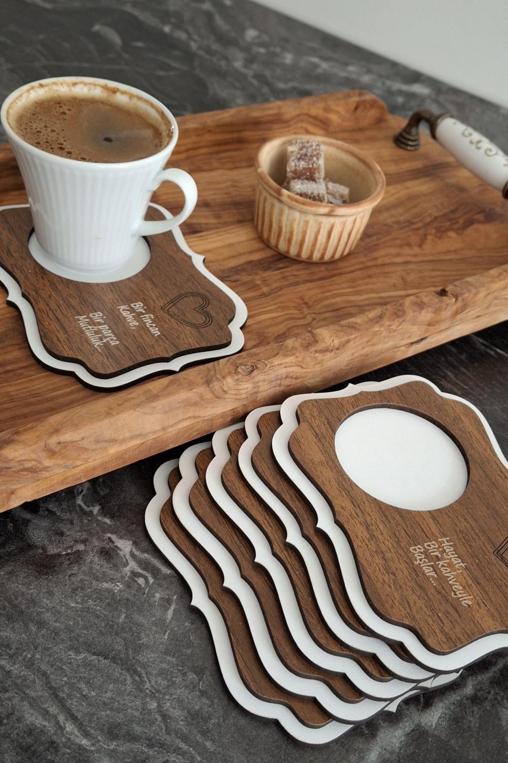 Kutaydan 6 Parça Birinci Sınıf Ahşap Lazer Kesim Bardak ve Kahve Altlığı - Beyaz-Ceviz