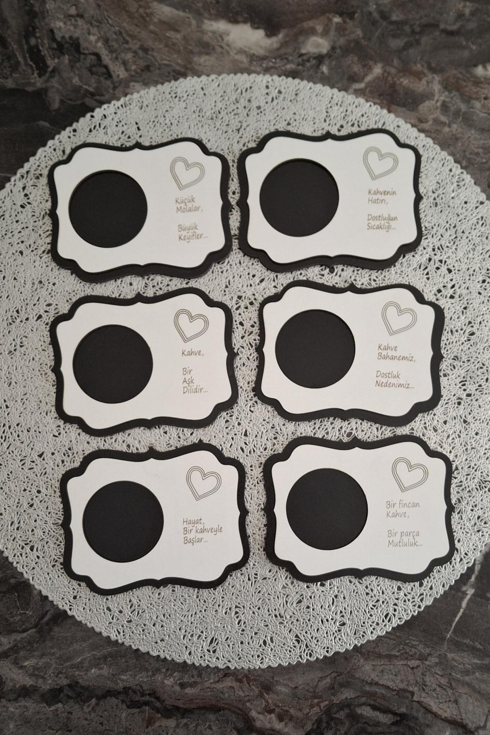 Kutaydan 6 Parça Birinci Sınıf Ahşap Lazer Kesim Bardak ve Kahve Altlığı - Siyah-Beyaz