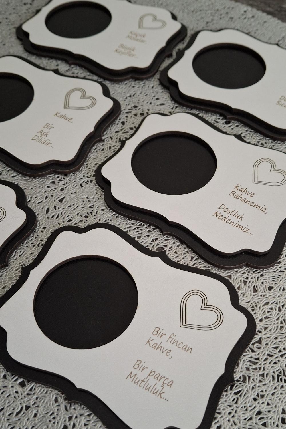 Kutaydan 6 Parça Birinci Sınıf Ahşap Lazer Kesim Bardak ve Kahve Altlığı - Siyah-Beyaz