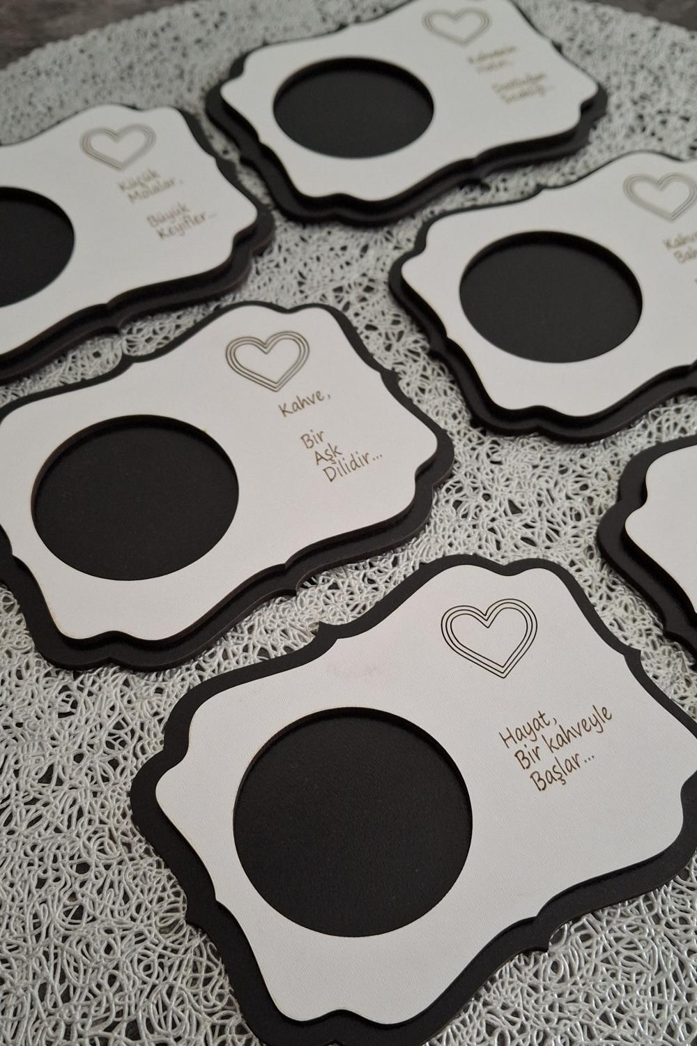 Kutaydan 6 Parça Birinci Sınıf Ahşap Lazer Kesim Bardak ve Kahve Altlığı - Siyah-Beyaz