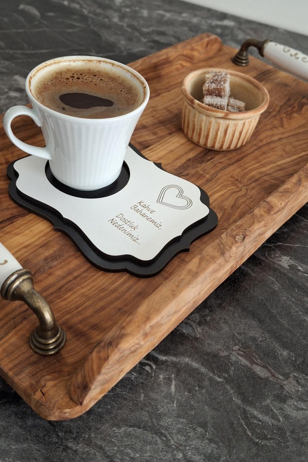 Kutaydan 6 Parça Birinci Sınıf Ahşap Lazer Kesim Bardak ve Kahve Altlığı - Siyah-Beyaz