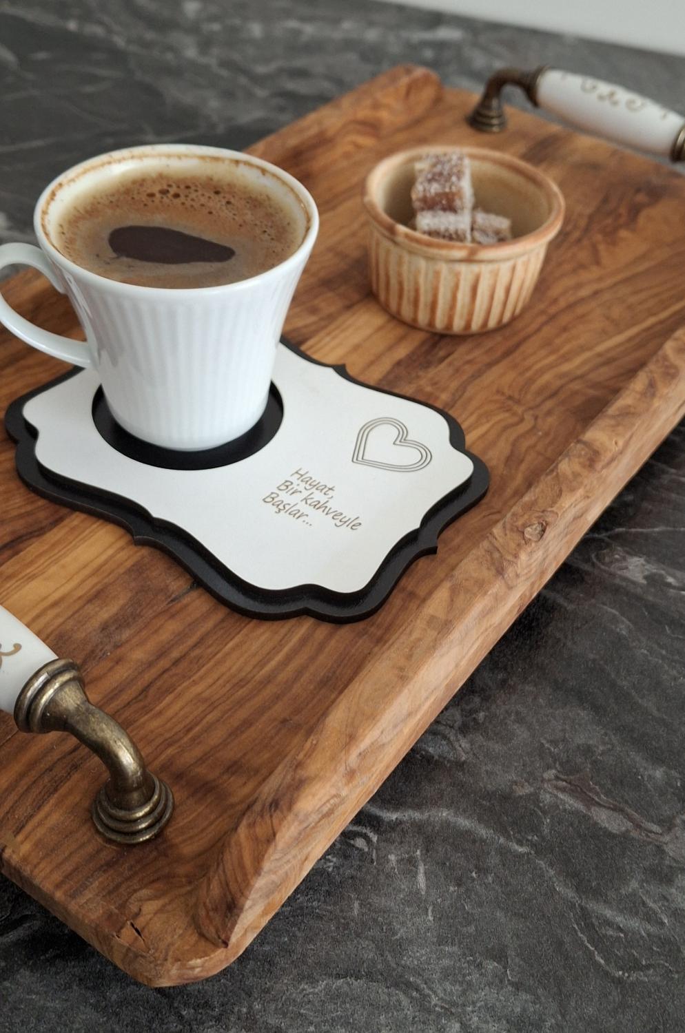 Kutaydan 6 Parça Birinci Sınıf Ahşap Lazer Kesim Bardak ve Kahve Altlığı - Siyah-Beyaz