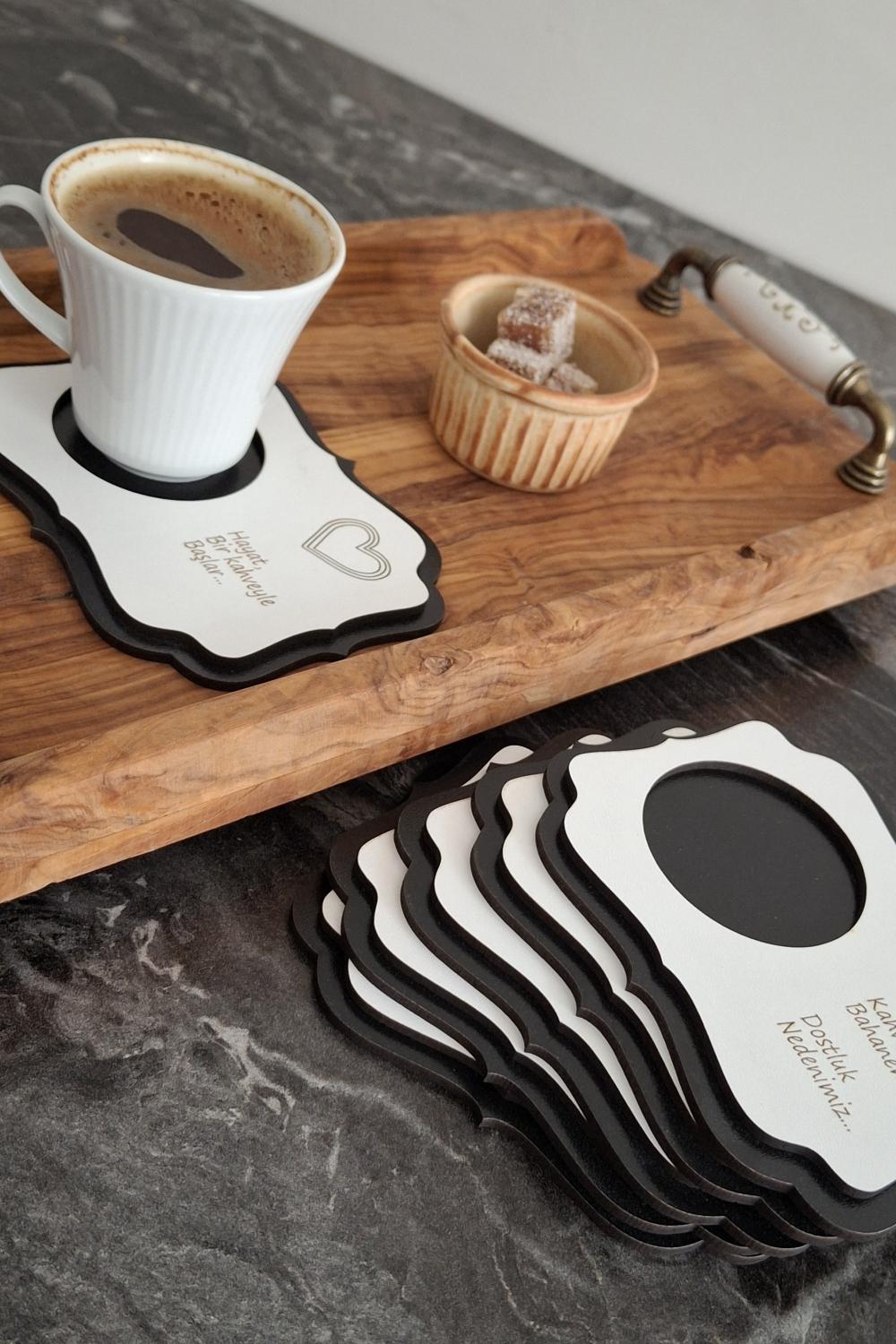 Kutaydan 6 Parça Birinci Sınıf Ahşap Lazer Kesim Bardak ve Kahve Altlığı - Siyah-Beyaz