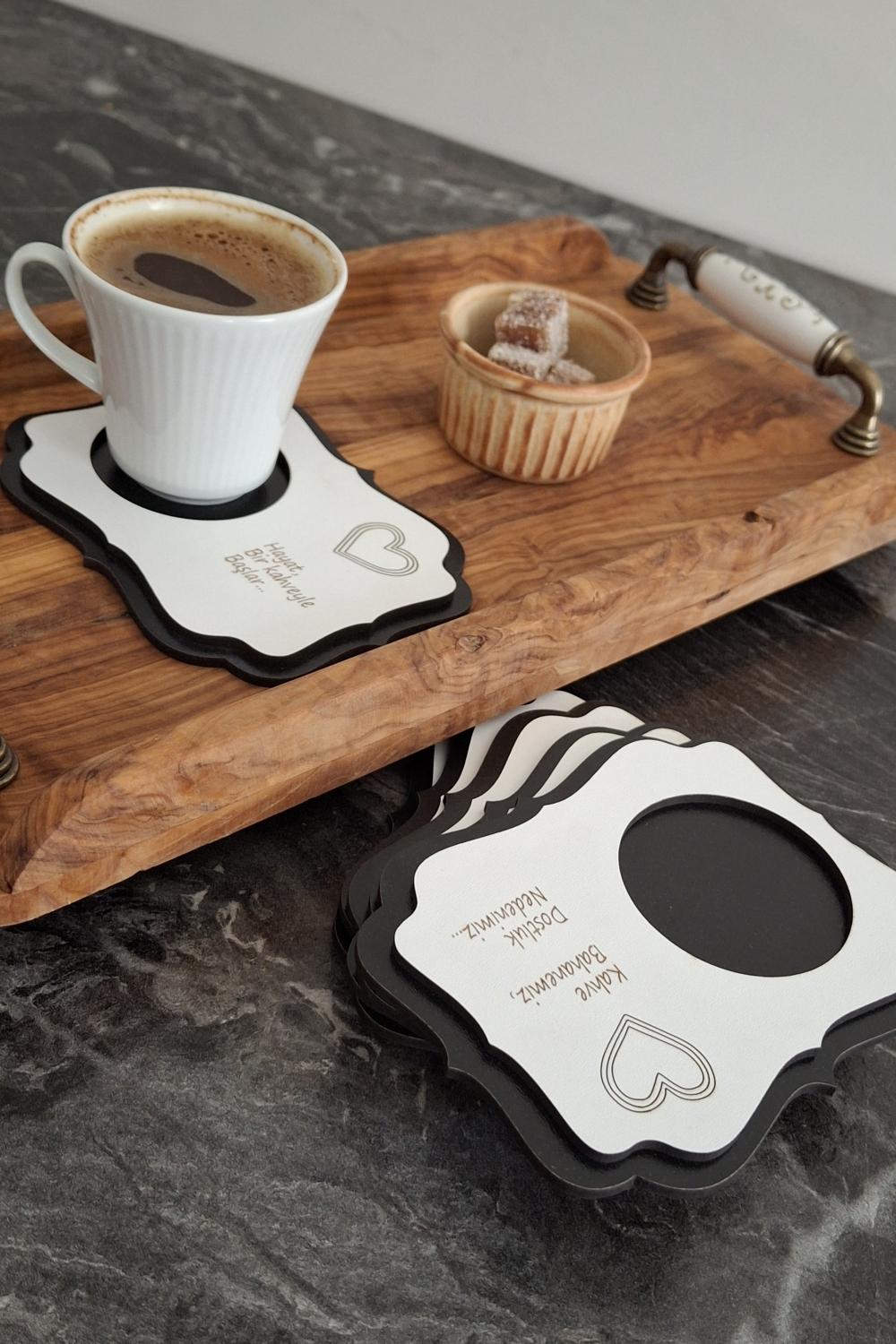 Kutaydan 6 Parça Birinci Sınıf Ahşap Lazer Kesim Bardak ve Kahve Altlığı - Siyah-Beyaz