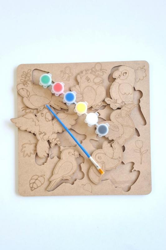 Çocuklar İçin Zeka ve Beceri Geliştiren Kanatlılar Ahşap Boyama Puzzle Seti