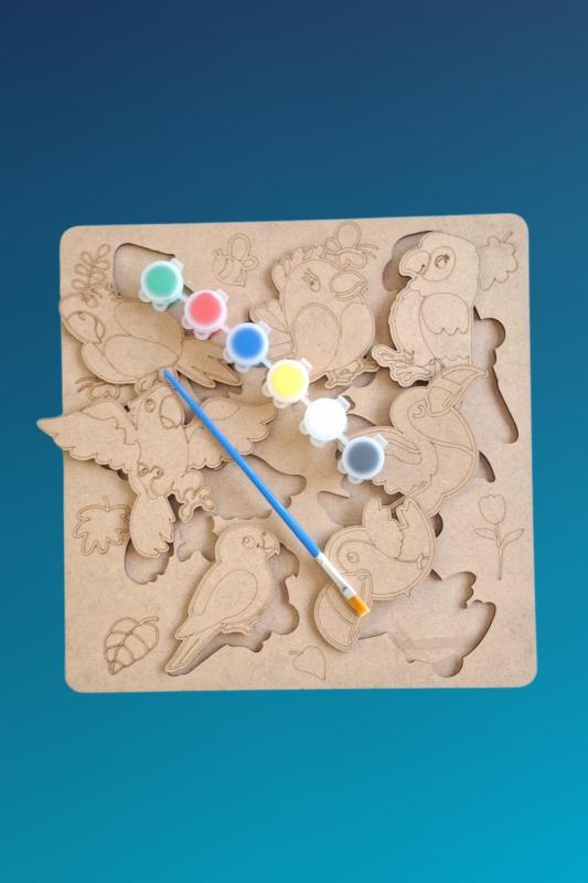 Çocuklar İçin Zeka ve Beceri Geliştiren Kanatlılar Ahşap Boyama Puzzle Seti