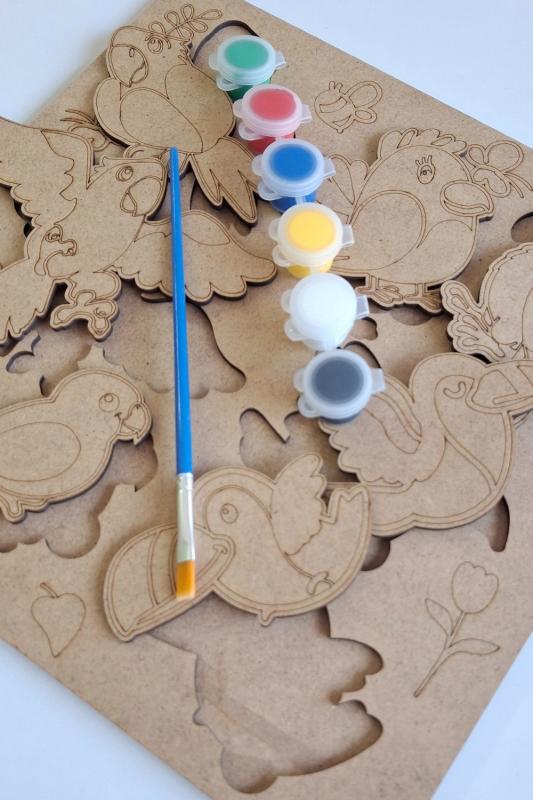 Çocuklar İçin Zeka ve Beceri Geliştiren Kanatlılar Ahşap Boyama Puzzle Seti