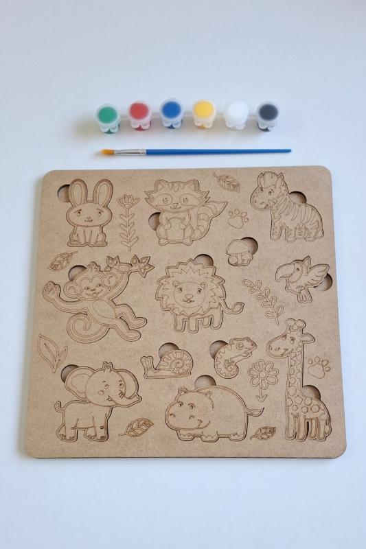 Çocuklar İçin Zeka ve Beceri Geliştiren Safari Ahşap Boyama Puzzle Seti