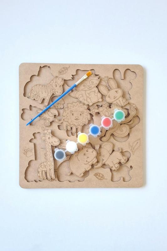 Çocuklar İçin Zeka ve Beceri Geliştiren Safari Ahşap Boyama Puzzle Seti