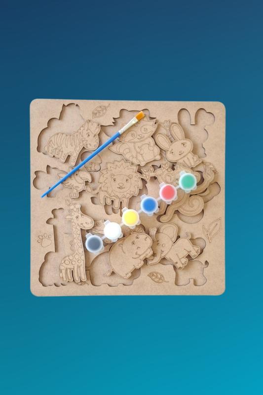 Çocuklar İçin Zeka ve Beceri Geliştiren Safari Ahşap Boyama Puzzle Seti