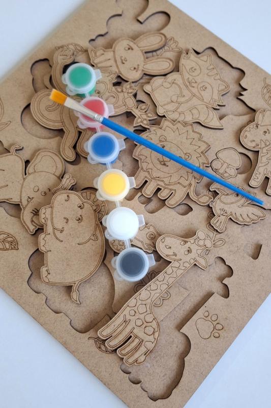 Çocuklar İçin Zeka ve Beceri Geliştiren Safari Ahşap Boyama Puzzle Seti