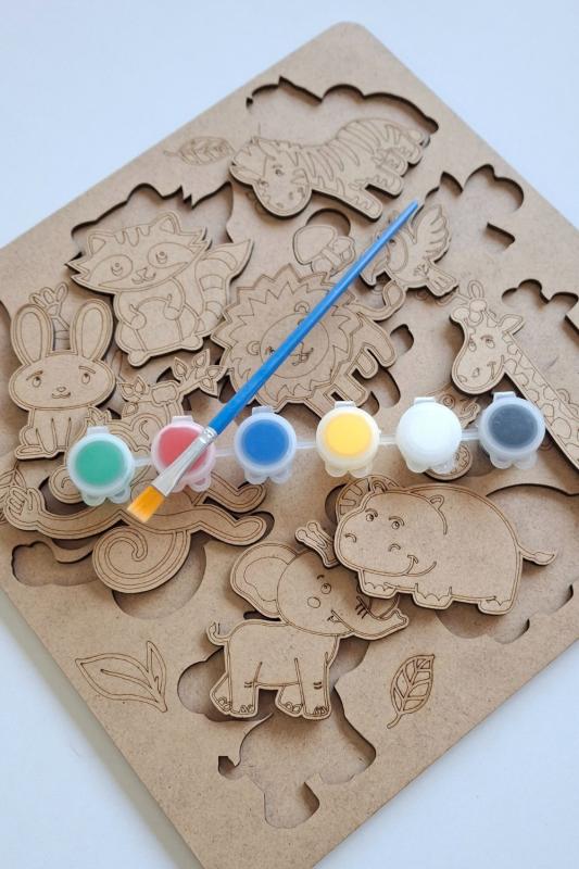Çocuklar İçin Zeka ve Beceri Geliştiren Safari Ahşap Boyama Puzzle Seti