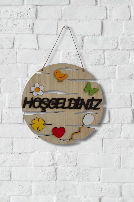 Hoşgeldiniz Yazılı Yuvarlak Mdf Lazer Kesim Kapı ve Duvar Süsü - Akçaağaç Ahşap