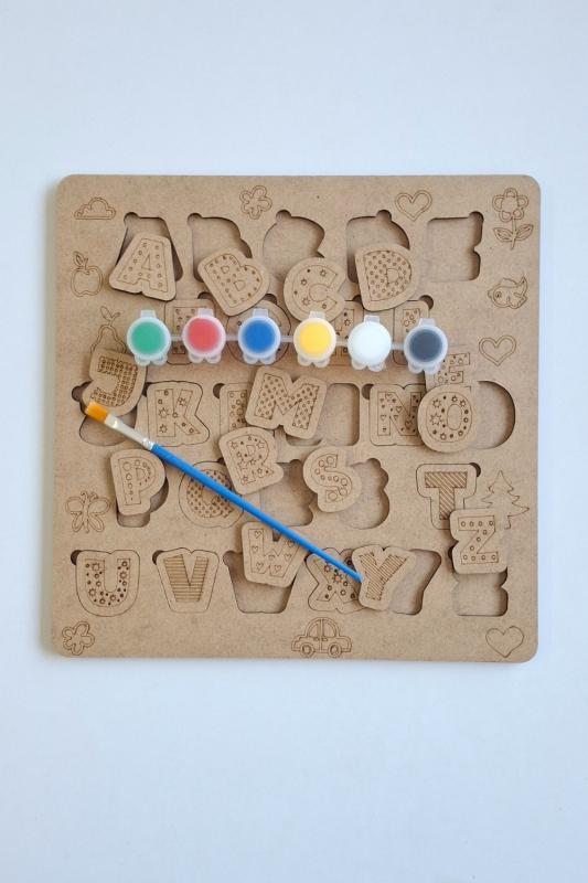 Çocuklar İçin Zeka ve Beceri Geliştiren Harfler Ahşap Boyama Puzzle Seti