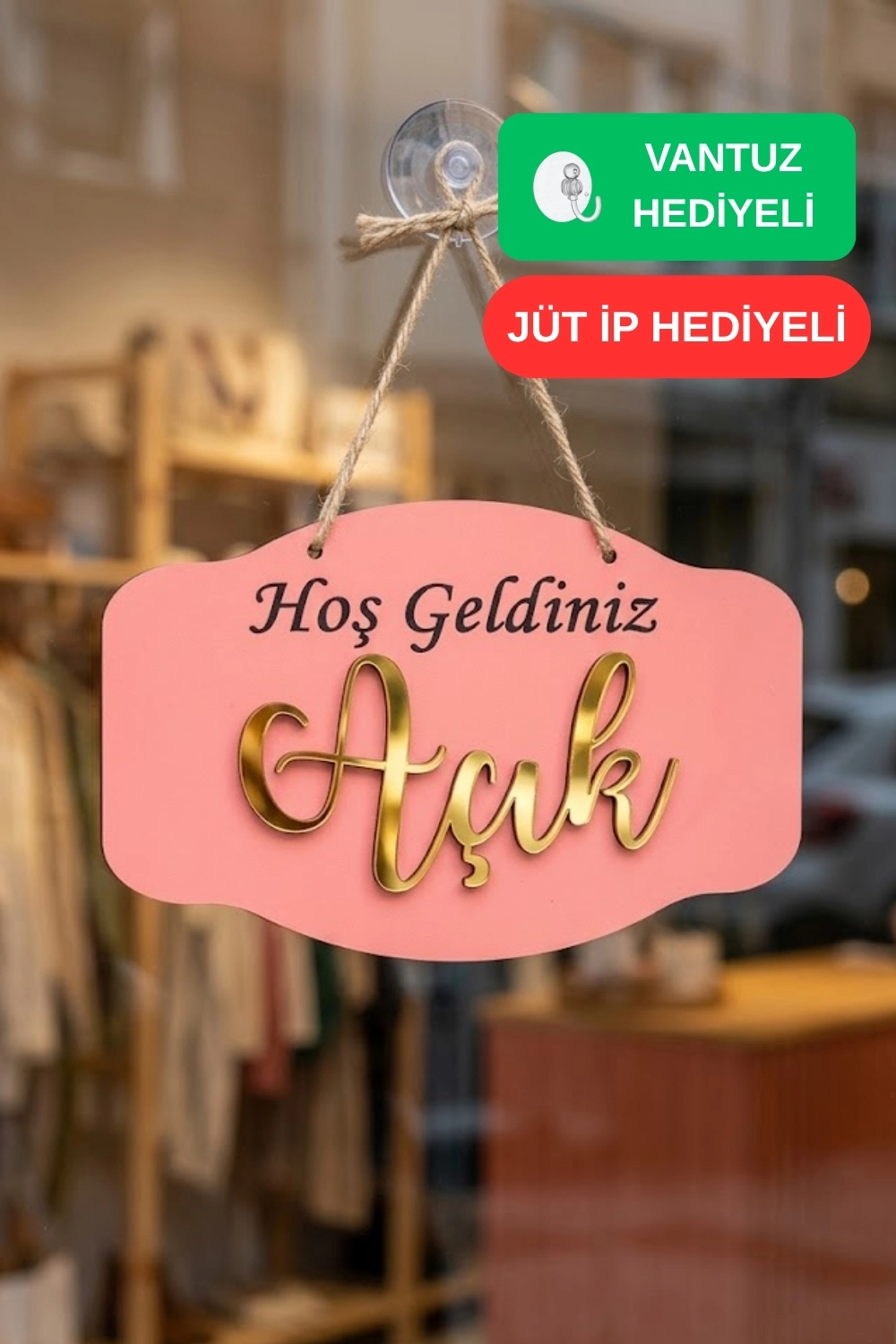 Gold Pleksi Detaylı 3D Ahşap Açık-Kapalı Tabelası - Pembe