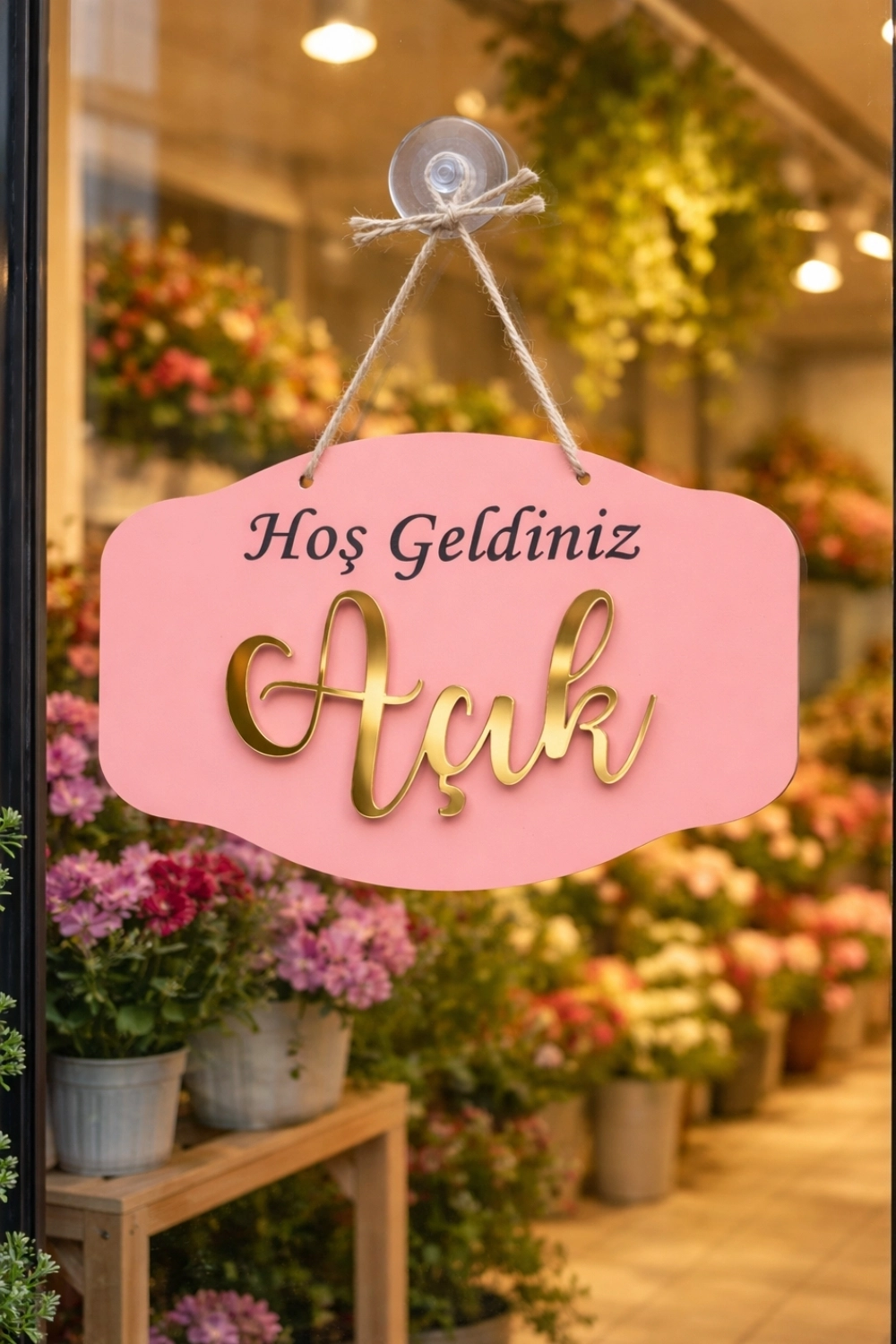 Gold Pleksi Detaylı 3D Ahşap Açık-Kapalı Tabelası - Pembe