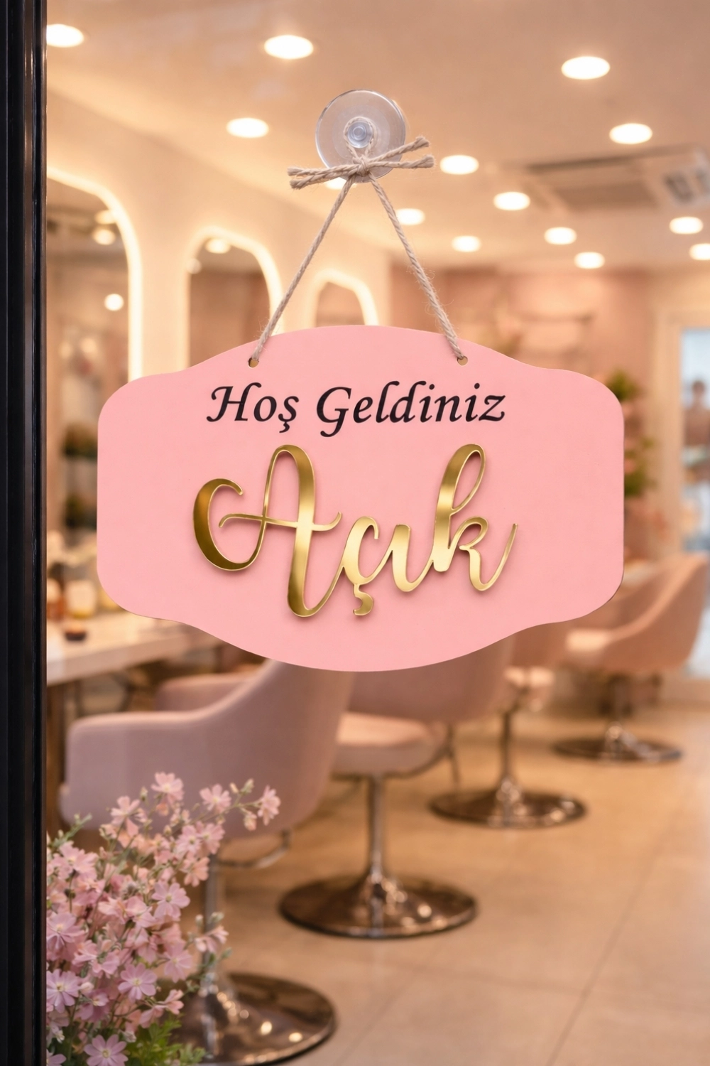 Gold Pleksi Detaylı 3D Ahşap Açık-Kapalı Tabelası - Pembe