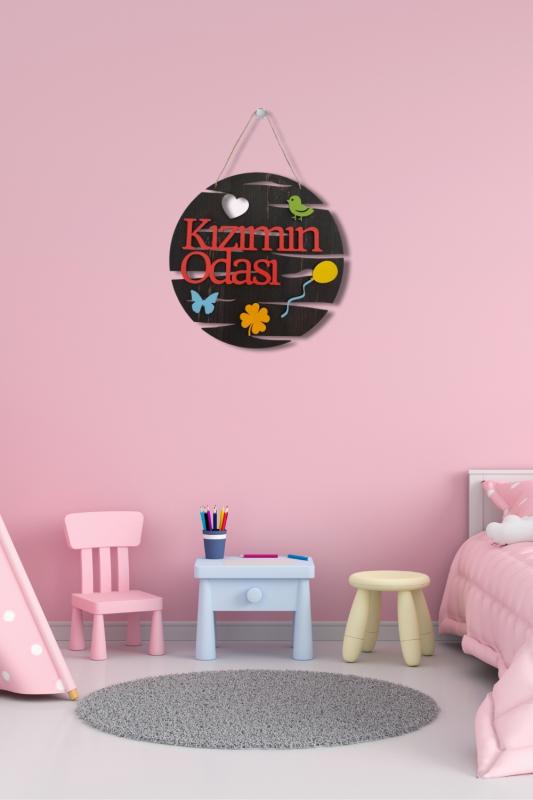 Kızımın Odası Yazılı Yuvarlak Mdf Lazer Kesim Kapı ve Duvar Süsü - Rebap Ahşap