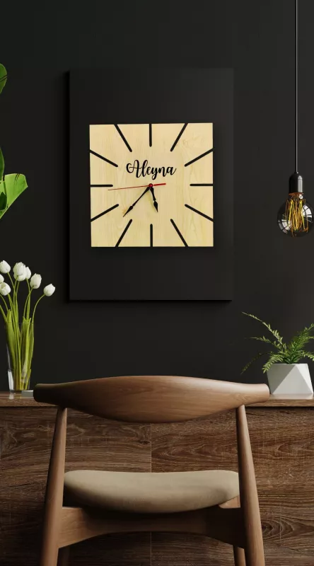 Kare Kenar Kesimli İsimli Lazer Kesim Mdf Ahşap Duvar Saati